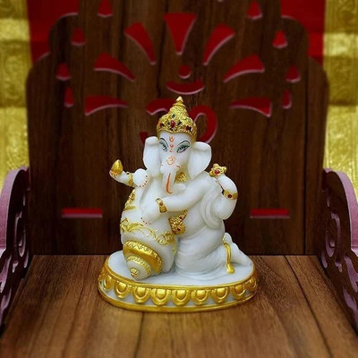 Puja N Pujari Lord Ganesha Polyresin Idol Showpiece for Home Decoration Decorative Showpiece  -  17 cm(Polyresin, White)