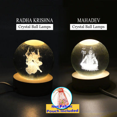 UBAA 3D RadhaKrishna & Mahadev Crystal Ball Lamps for Home Decor, Night Lamp (2 Pcs) Decorative Showpiece  -  8 cm(Crystal, Clear)