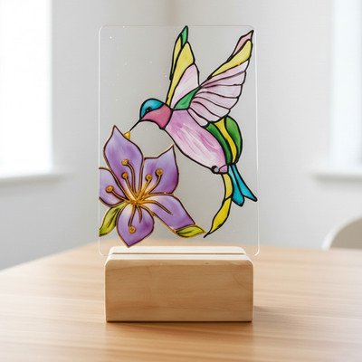 ZHOOSH Handcrafted Hummingbird & Flower Glass Painting with Wooden Stand Decorative Showpiece  -  28 cm(Wood, Glass, Multicolor)
