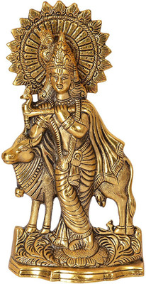 HOUZZPLUS Handicraft Shree Krishna Idol for home temple Decorative Showpiece  -  24 cm(Aluminium, Gold)