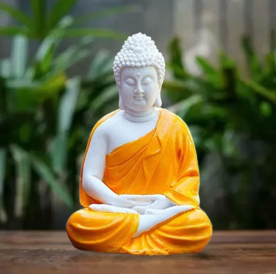 Always Better Look Beautiful Meditating Dhyan Gautam Buddh Bhagwan/God Idol Figurine for Livingroom Decorative Showpiece  -  8 cm(Resin, White, Orange)