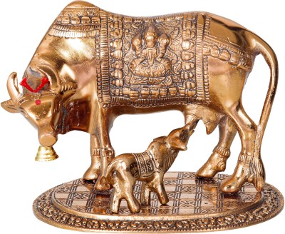 INTERNATIONAL GIFT Copper Kamdhenu Cow With Calf With 2 Pics Jyot Set With Royal Luxury Velvet Box Packing And Beautiful Carry Bag Showpiece for Home Décor And festival Gift Decorative Showpiece  -  18.1 cm(Aluminium, Copper)