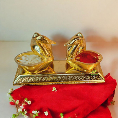 aakrati Roli-Chandan, Chawal-Akshat Box with loving bird duck pair chopda for gift Decorative Showpiece  -  6 cm(Metal, Gold)