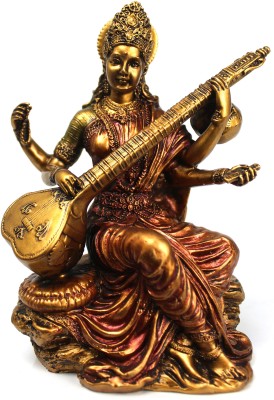 Antiques Nirmala Brass Finish goddess of knowledge Saraswati playing Veena Decorative Showpiece  -  15 cm(Polyresin, Gold, Copper)