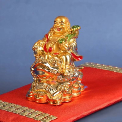 9tees Mart Vastu Fengshui Happy Man Small Laughing Buddha Sitting on Frog For Health Wealth Decorative Showpiece  -  8 cm(Polyresin, Resin, Gold)