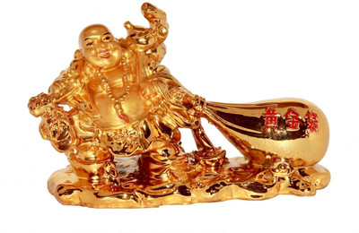 Vashoppee Vastu / Feng Shui / Laughing Buddha With Money potli For Health , Wealth And Good Luck Decorative Showpiece  -  11 cm(Polyresin, Gold)
