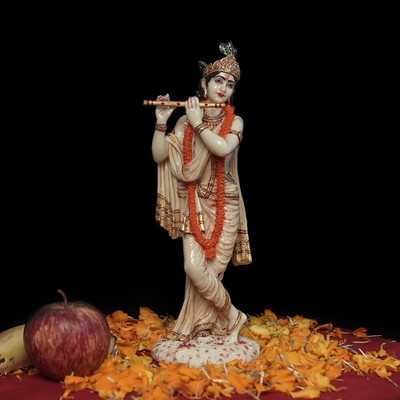 avenew Krishna Statue-Love and Divine Joy Sculpture in Premium White Marble Decorative Showpiece  -  22 cm(Resin, Multicolor)