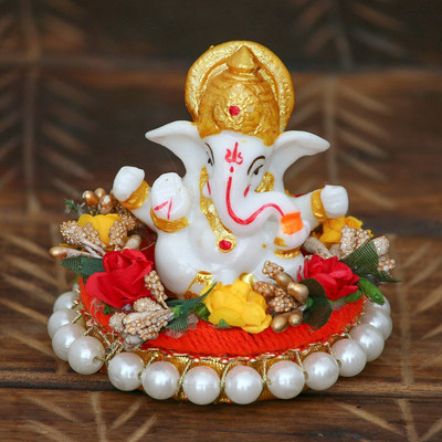 eCraftIndia Lord Ganesha Idol on Decorative Handcrafted Plate for Home and Car Decorative Showpiece  -  8 cm(Polyresin, Red, Yellow, White)