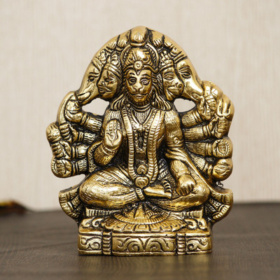 eCraftIndia Golden Metal Handcrafted Lord Panchmukhi Hanuman Statue Decorative Showpiece  -  13.5 cm(Metal, Gold)