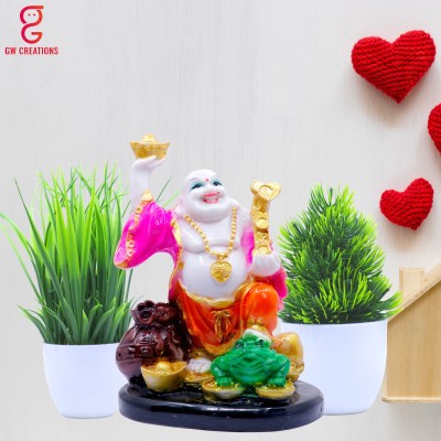 GW Creations Laughing Buddha with artificial plant Wealth for Money Success and Happpiness Decorative Showpiece  -  7 cm(Marble, Polyresin, Orange)