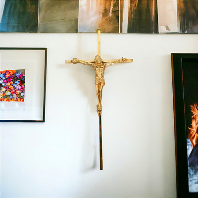Asha Enchant Decor Pure Brass Lord Jesus Christ on Cross Idol Wall Decor Crucifix Cross Decorative Showpiece  -  26 cm(Brass, Gold)