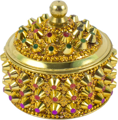 Real Craft Handcrafted Brass Kumkum Box with Intricate Design Decorative Showpiece  -  7 cm(Brass, Gold)