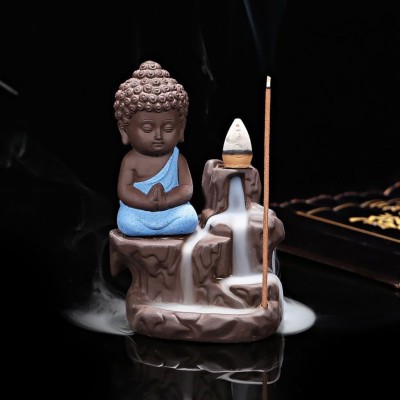 eCraftIndia Meditating Buddha Statue Smoke Backflow Cone Incense Holder Decorative Showpiece  -  12 cm(Polyresin, Blue)