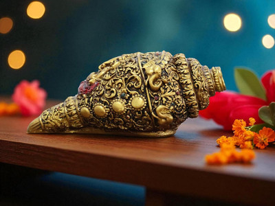 KridayKraft Lord Ganesha Shankh Gold & Red Finish (12 × 6 cm) Decorative Showpiece  -  6 cm(Resin, Gold)