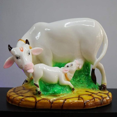 SBBCO Kamdhenu Cow And Calf Set | Statue of Marble dust/Polyresin Cow and Calf Decorative Showpiece  -  25 cm(Marble, White)