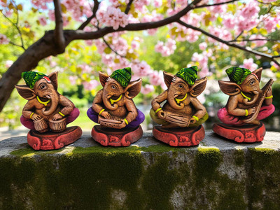 Bhumikart Clay Ganesha Figurine Set – Ethnic Musical Theme Decorative Showpiece  -  13 cm(Clay, Multicolor)