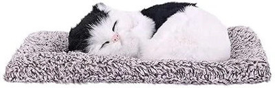 Craftology Sleeping Cat Animal Fur Soft Toys with Sound for Car Dashboard Cat & Office Desk Decorative Showpiece  -  8.9 cm(Feather, Black, White)