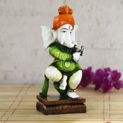 eCraftIndia Lord Ganesha playing instrument Decorative Showpiece  -  20 cm(Polyresin, Green, White, Red)