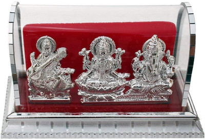 INTERNATIONAL GIFT Silver Plated Laxmi Ganesh Sarswati Acrylic Idol/Hindu God Ganpathi & Goddess Laxmi Pooja Mandir/Car Dashboard/Office Tabel Decorative Showpiece  -  10 cm(Aluminium, Silver)