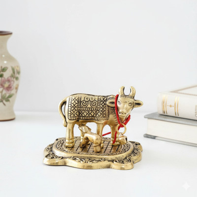 sanratan Kamdhenu Cow and Calf Statue for Home Decor, Pooja & Gifting Decorative Showpiece  -  5 cm(Aluminium, Gold)