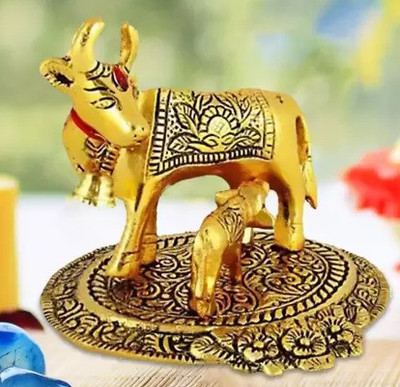 Chandra Art Collection MATA Kamdhenu with Calf for Vastu & Home Decor Decorative Showpiece  -  12 cm(Metal, Gold)