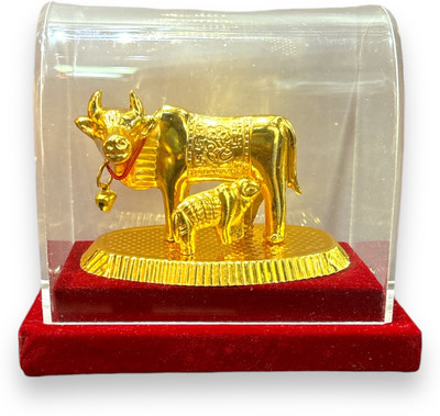 Rockshok Rockshok Metal Kamdhenu Cow and Calf for Tabletop ( w x h - 12 cm x 11 cm, Gold) Decorative Showpiece  -  11 cm(Metal, Gold)