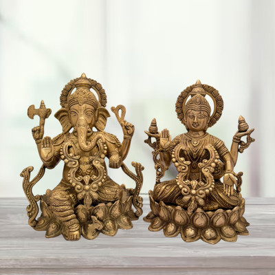 BrassAura Brass Ganesha Laxmi Ganesh Lakshmi Bhagwan Luxmi Idol Sitting on Lotus 8.7 Kg Decorative Showpiece  -  24.1 cm(Brass, Gold)