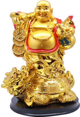 Shopperduniya Laughing Buddha Standing on Back of Dragon Tortoise with Coin and Wu Lou Decorative Showpiece  -  20.2 cm(Polyresin, Gold)