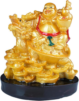TOPLUCK Golden Laughing Buddha with Dragon Statue for Wealth and Prosperity Decorative Showpiece  -  7 cm(Resin, Multicolor)