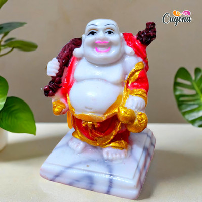 CUGONA laughing buddha for good luck with Back Potli with 4inch Happy Man with Fan Decorative Showpiece  -  10 cm(Polyresin, Multicolor)