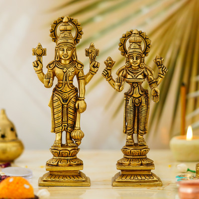 THOLIYA ARTS Laxmi Ganesha Pair Murti Lakshmi Ganesh Standing Idol Statue For Home Diwali Decorative Showpiece  -  20 cm(Brass, Gold)