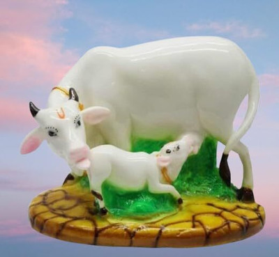 D.B.Z. Mother Cow & Calf Nandi Statue Polyresin Handcrafted Gift Krishna Decorative Showpiece  -  3 cm(Polyresin, White)