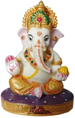 Mamta Handicrafts Lvory Finish Painted Finish Lord Ganesh Idol 3.5 inch Dashboard Home Decor Decorative Showpiece  -  5 cm(Resin, White, Gold)