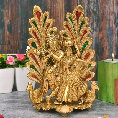 Rci Handicrafts Radha Krishna Idol Statue with Diya Peacock Design Decorative Showpiece Decorative Showpiece  -  8 cm(Brass, Multicolor)