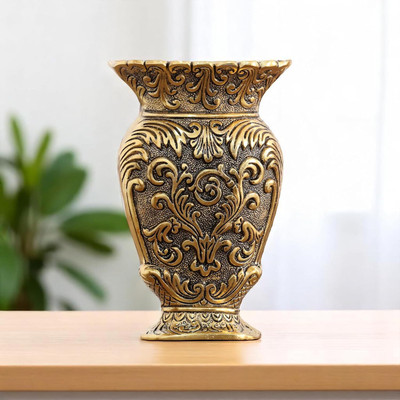 KridayKraft Decorative Metal Vase, Flower Pot Antique Gold Finish, Baroque Floral Pattern, T Decorative Showpiece  -  19 cm(Aluminium, Gold)