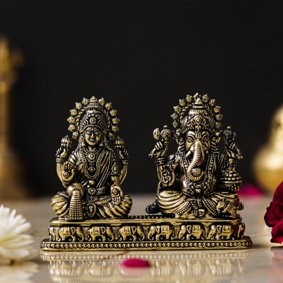 shyam antique creation Laxmi Ganesh Idol Lakshmi Ganesha Sitting Murti Statue for Home, Office, Diwali Decorative Showpiece  -  7.366 cm(Brass, Gold)
