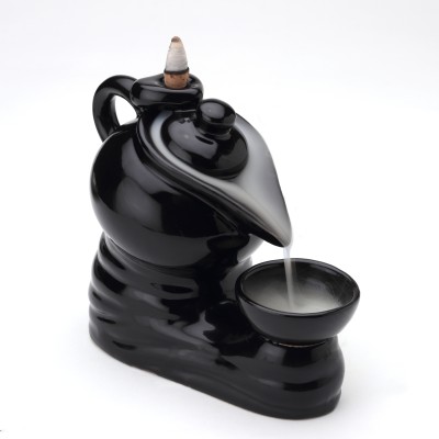 Bodhi House “Tea-Kettle” Smoke Fountain with 20 Organic Essential Oil Backflow Cone Decorative Showpiece  -  13.5 cm(Ceramic, Black)