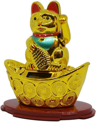skynly Feng Shui Lucky Waving Cat On Gold Ingot 11cm Decorative Showpiece  -  10 cm(Plastic, Multicolor)
