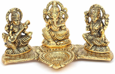 Ein Sof Lakshmi Ganesh Saraswati Idol for Home/Pooja Room, Gold Plated Metal Ganesh Lakshmi Sarawati Murti with Diya Stand for Home Decoration or Gift (20 cm x 10 cm x 11 cm) Decorative Showpiece  -  10 cm(Brass, Gold)