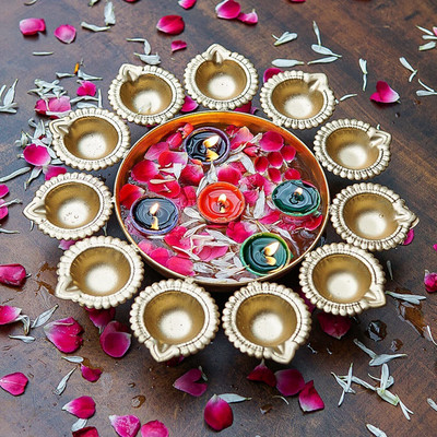 HYATT CREATION Diya urli Bowl Set Round Lotus Shape Decorative Showpiece  -  8 cm(Metal, Gold)