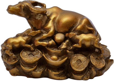 NITIN COLLECTION VASTU/FENGSHUI WISH FULFILLING COW AND CALF FIGURINE Decorative Showpiece  -  8 cm(Polyresin, Gold)
