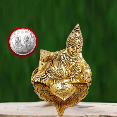 NOKTUS Kuber ji Sitting On Leaf Diya Stand With Maa Lakshmi With Ganesh Silver Coin Decorative Showpiece  -  9 cm(Metal, Gold)