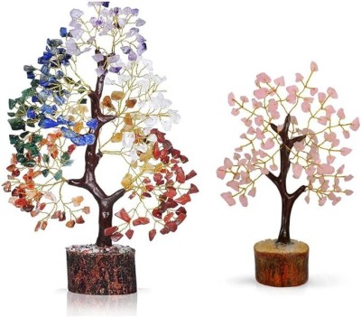 VIBESLE Seven Chakra Crystal Tree and Rose Quartz Crystal Tree Gift for Women Decorative Showpiece  -  25 cm(Stone, Multicolor)