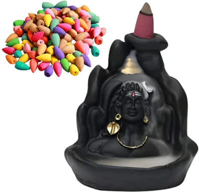 DecorArt Lord Shiva Backflow Smoke Fountain Incense Holder with 51 Backflow Cones/Dhoop Decorative Showpiece  -  12 cm(Polyresin, Black)