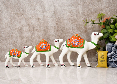 Ashamohar Beautiful Handcrafted Print Big Camel Set Showpiece for Home Items and Gift, Decorative Showpiece  -  12 cm(Paper Mache, White, Orange)