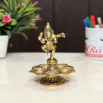 KridayKraft Metal Panch Mukhi Diya with Dancing Ganesha IDheepam (Vilakku) Decorative Showpiece  -  12.5 cm(Aluminium, Gold)