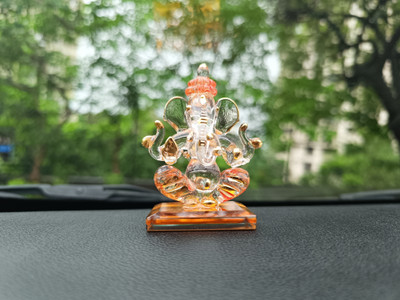 Sai Borosilicate Double Faced Glass Ganesha Idol | (Orange with Golden Accents) Decorative Showpiece  -  8 cm(Glass, Orange)