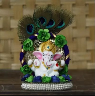 eCraftIndia Lord Ganesha Idol on Handcrafted Floral Plate with Peacock Feather ( Pack of 2) Decorative Showpiece  -  13 cm(Metal, Blue)