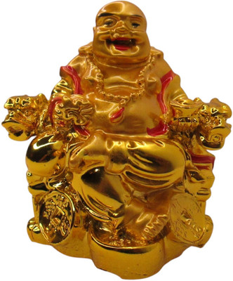 Anantamitra Feng Shui Laughing Buddha Golden Statue on Dragon Crown for Good Luck & Wealth Decorative Showpiece  -  8 cm(Polyresin, Gold)