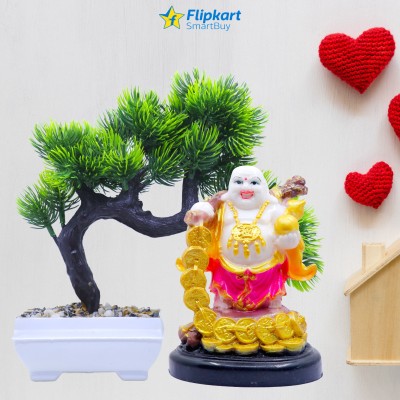 Flipkart SmartBuy Laughing Buddha with artificial plant Wealth for Money Success and Happpiness Decorative Showpiece  -  7 cm(Marble, Polyresin, Yellow)